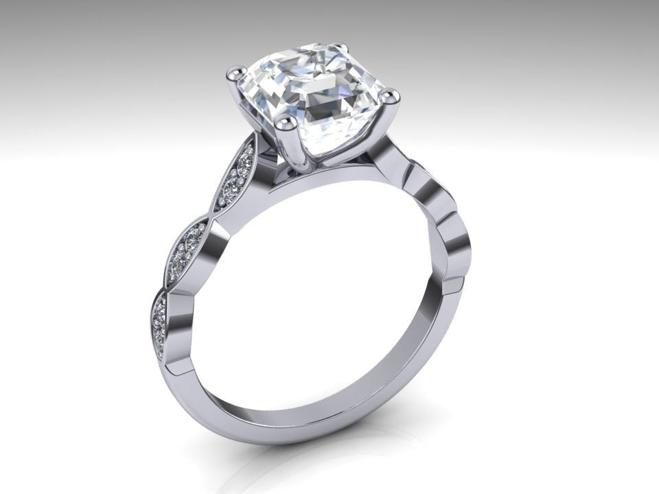 Asscher Cut Moissanite & Diamond Leaf Band Wedding Ring