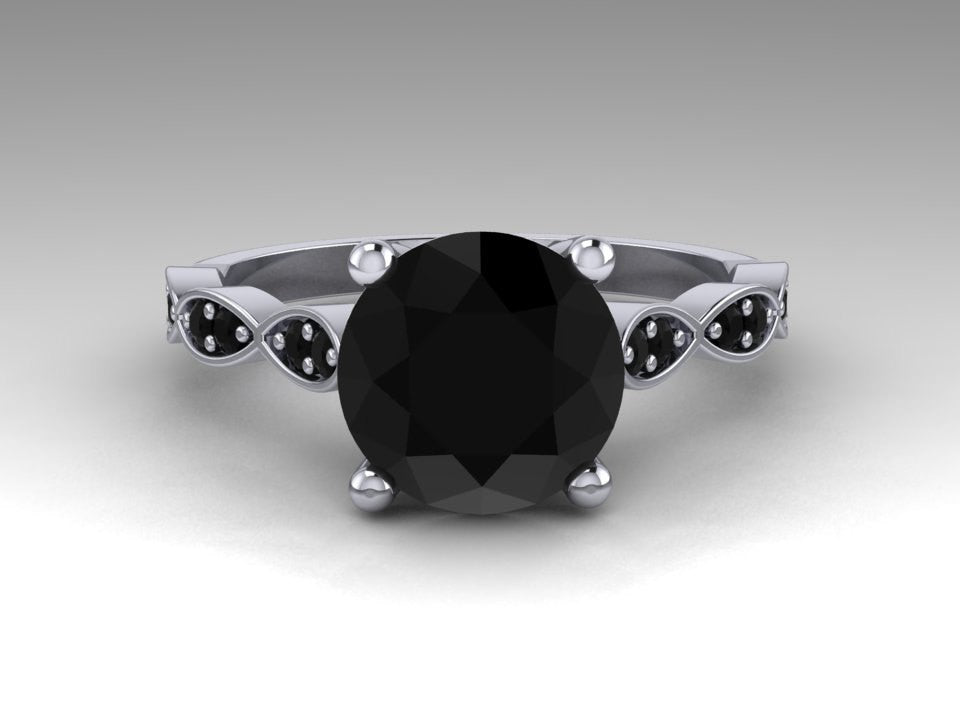 Leaf Solitaire Black Diamond 14K White Gold Wedding Ring
