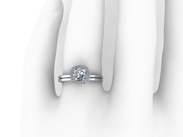 Halo Moissanite Wedding Set, White Gold Plain Wedding Bands