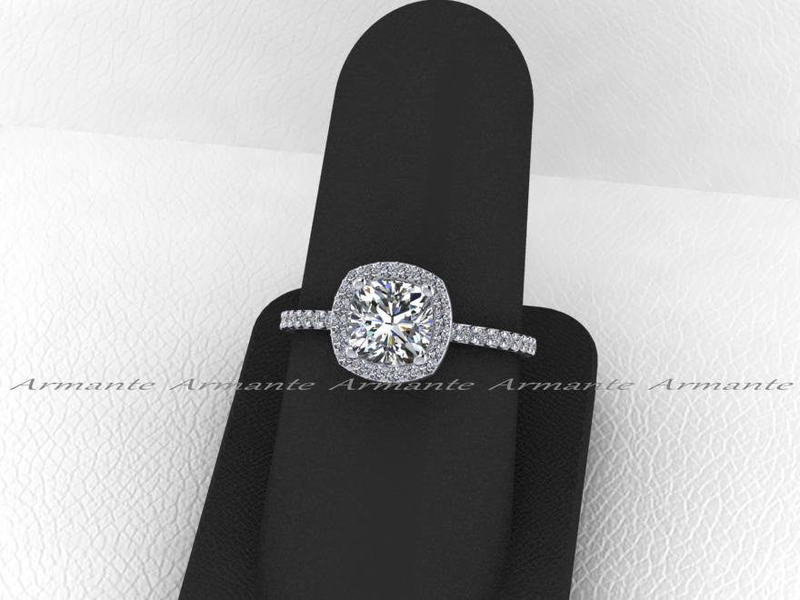 Cushion Cut Halo Moissanite and Diamond Engagement Ring