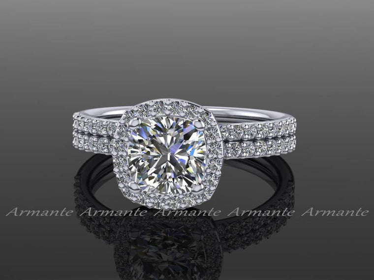 White Gold Moissanite and Diamond Halo Wedding Ring Set