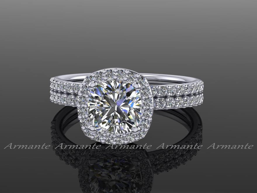 Platinum Moissanite & Diamond Halo Wedding Rings Set