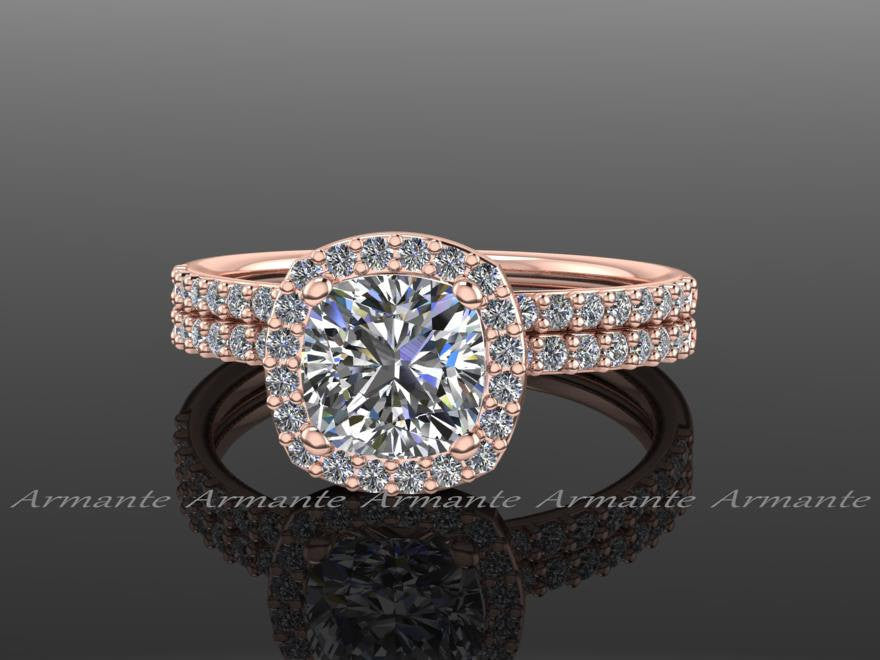 Moissanite and Diamond Halo Wedding Rings Set 14K Rose Gold