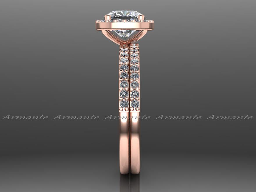 Moissanite and Diamond Halo Wedding Rings Set 14K Rose Gold