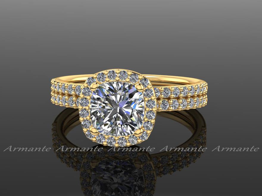 18K Yellow Gold Moissanite, Diamond Halo Engagement Ring Set