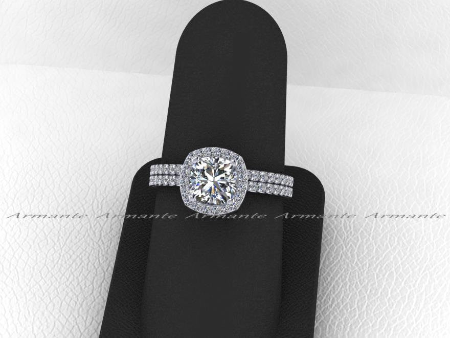 White Gold Moissanite and Diamond Halo Wedding Ring Set