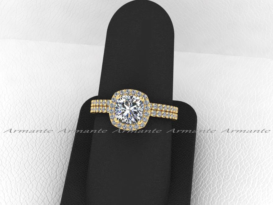 18K Yellow Gold Moissanite, Diamond Halo Engagement Ring Set