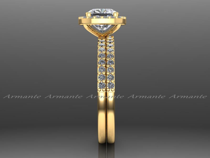18K Yellow Gold Moissanite, Diamond Halo Engagement Ring Set