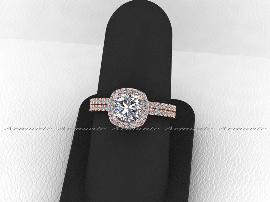 Moissanite and Diamond Halo Wedding Rings Set 14K Rose Gold