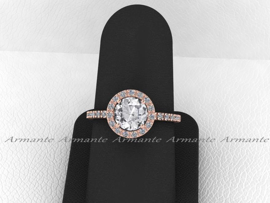 Halo Natural White Sapphire & Diamond Rose Gold Bridal Ring