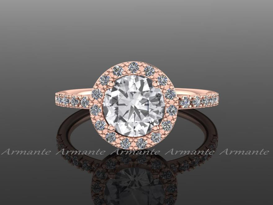 Halo Natural White Sapphire & Diamond Rose Gold Bridal Ring