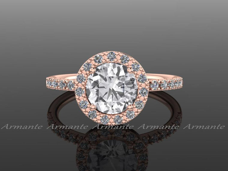 Halo Natural White Sapphire & Diamond Rose Gold Bridal Ring