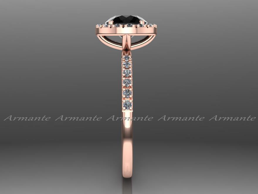 14K Rose Gold Halo Natural Black Diamond Engagement Ring