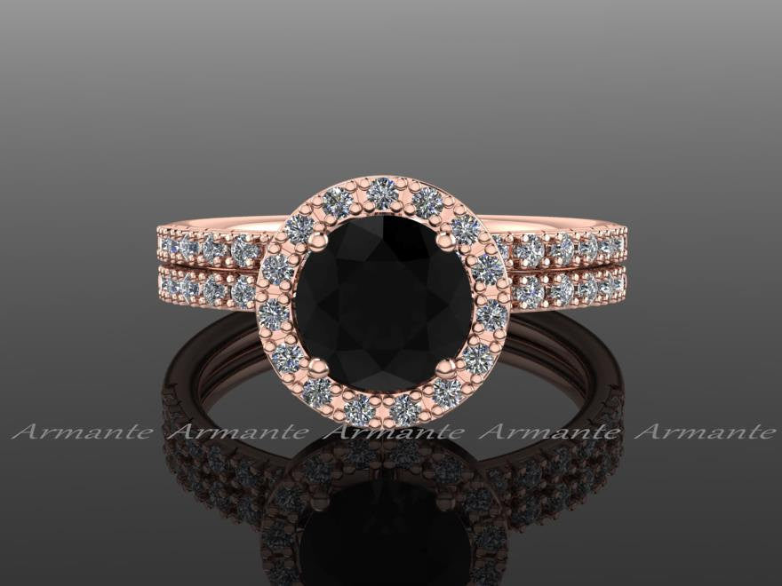 Halo Natural Black Diamond Wedding Ring Set, 14K Rose Gold