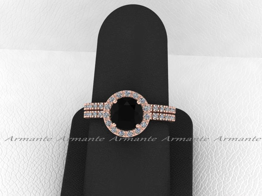 Halo Natural Black Diamond Wedding Ring Set, 14K Rose Gold