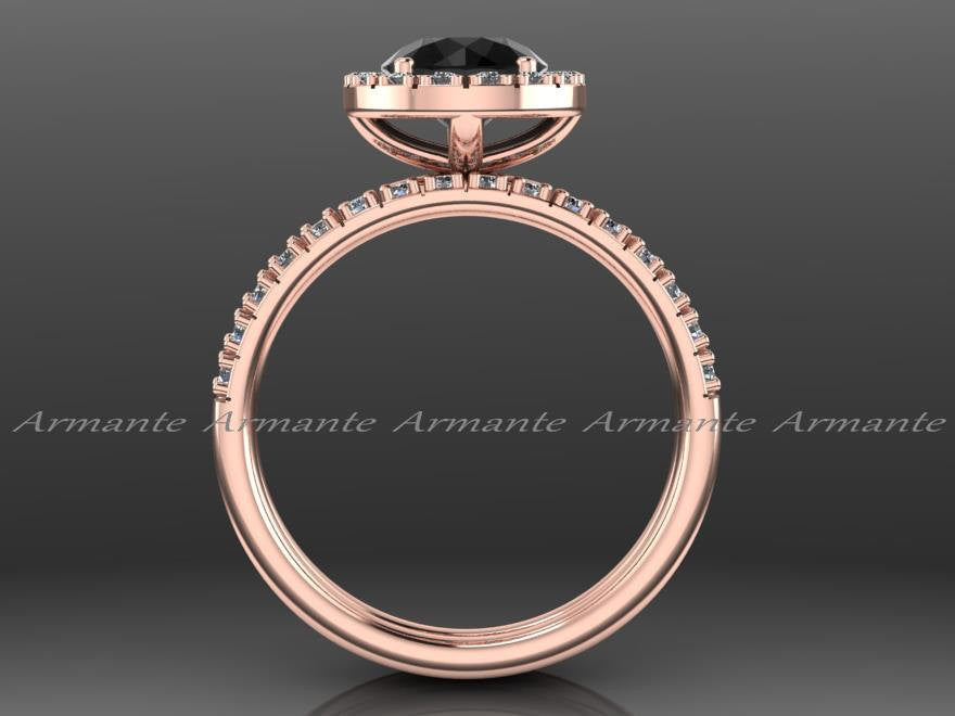 Halo Natural Black Diamond Wedding Ring Set, 14K Rose Gold