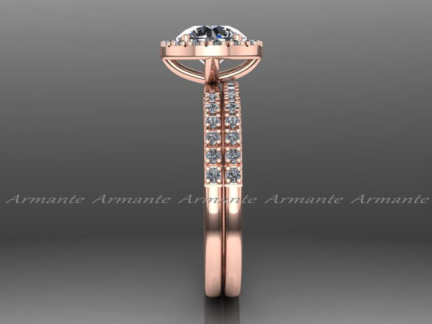 Rose Gold Moissanite And Natural Diamond Halo Bridal Ring Set