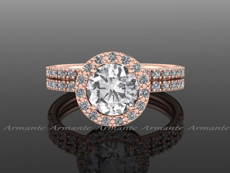 Natural White Sapphire And Diamond Bridal Set 14K Rose Gold