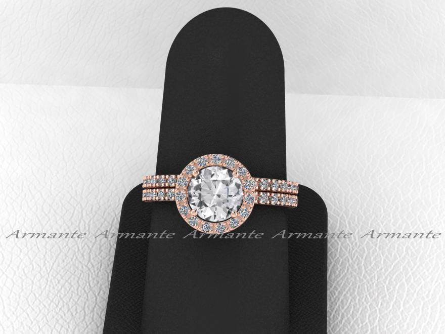 Natural White Sapphire And Diamond Bridal Set 14K Rose Gold