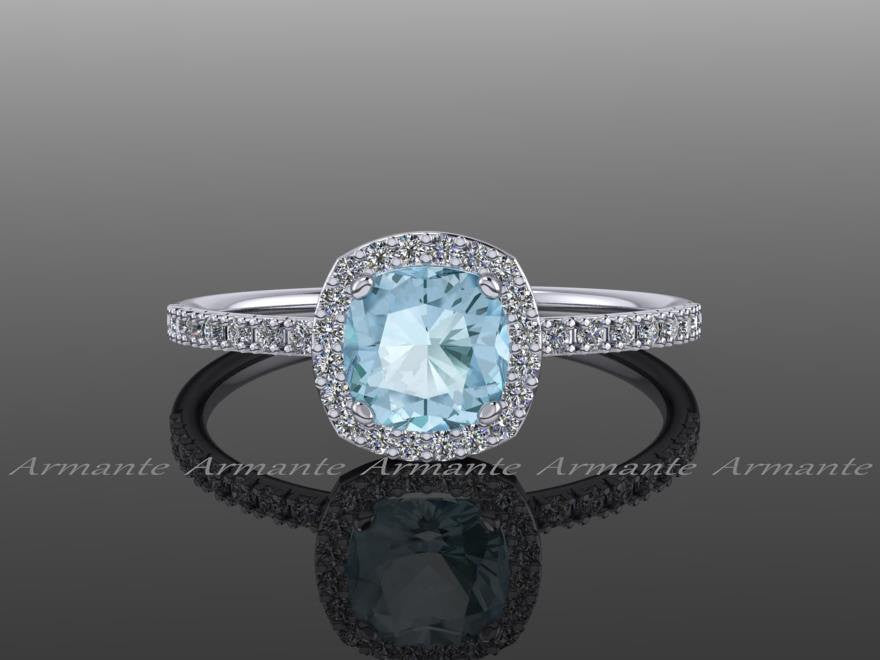 Cushion Cut Halo Diamond Aquamarine Engagement Ring