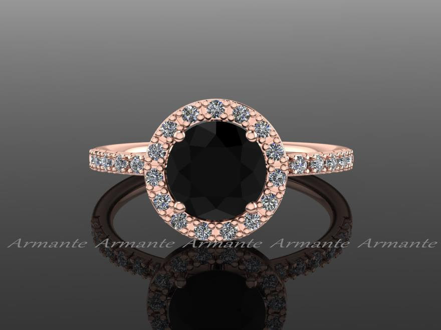 14K Rose Gold Halo Natural Black Diamond Engagement Ring
