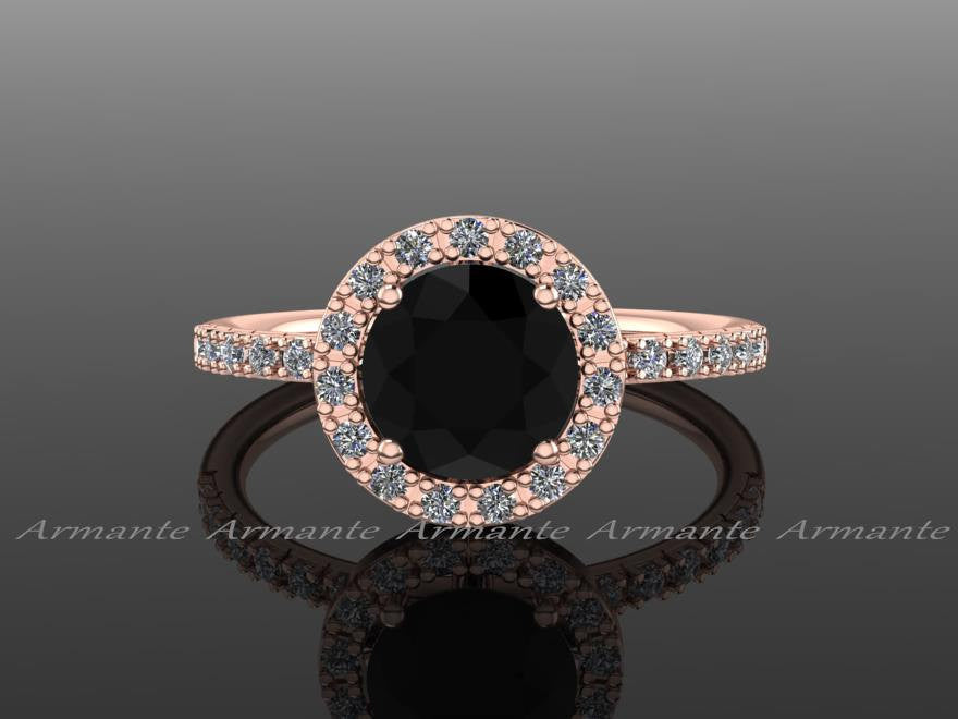 14K Rose Gold Halo Natural Black Diamond Engagement Ring