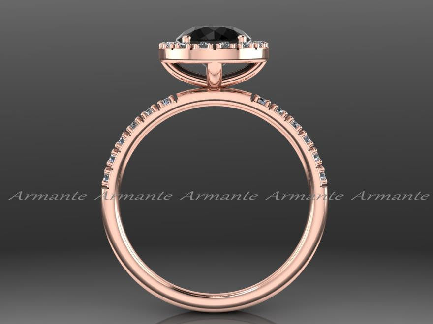 14K Rose Gold Halo Natural Black Diamond Engagement Ring