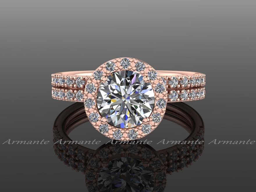 Rose Gold Moissanite And Natural Diamond Halo Bridal Ring Set