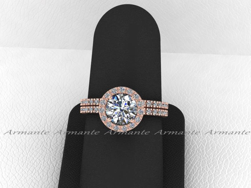 Rose Gold Moissanite And Natural Diamond Halo Bridal Ring Set