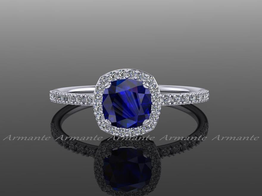 Blue Sapphire & Engagement Ring Cushion Cut Ring