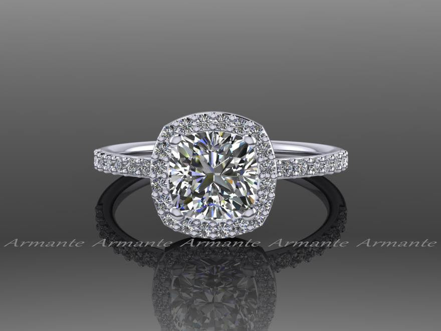 Cushion Cut Halo Moissanite and Diamond Engagement Ring