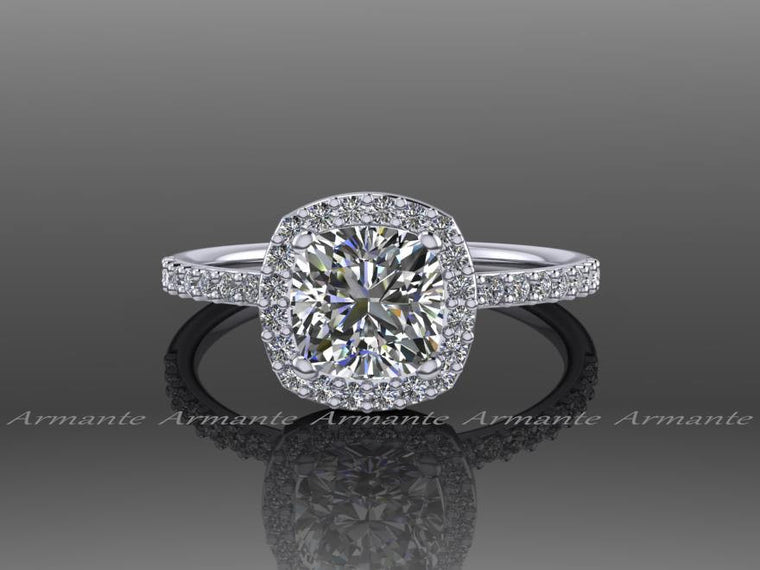 Cushion Cut Halo Moissanite and Diamond Engagement Ring