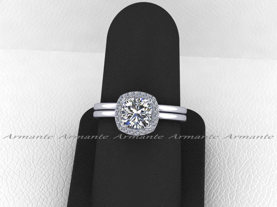 Halo Moissanite Wedding Set, White Gold Plain Wedding Bands