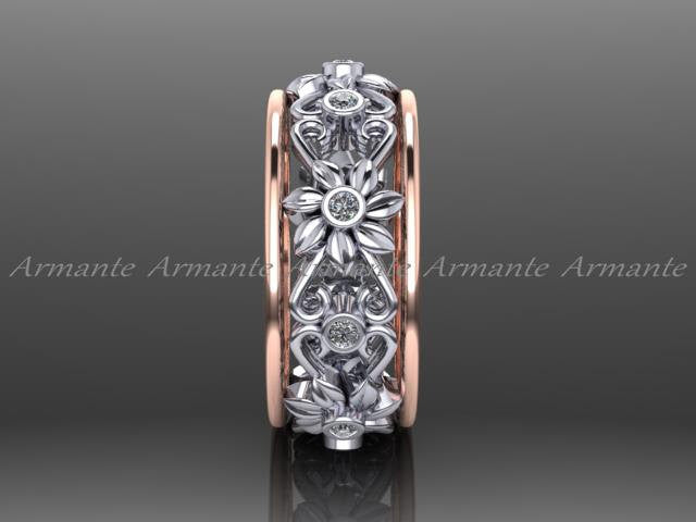 14K Rose & White Gold Floral Diamond Wedding Band Ring