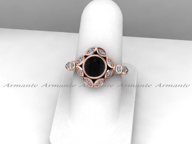 Leaf Flower Engagement Ring, Black Diamond Engagement Ring