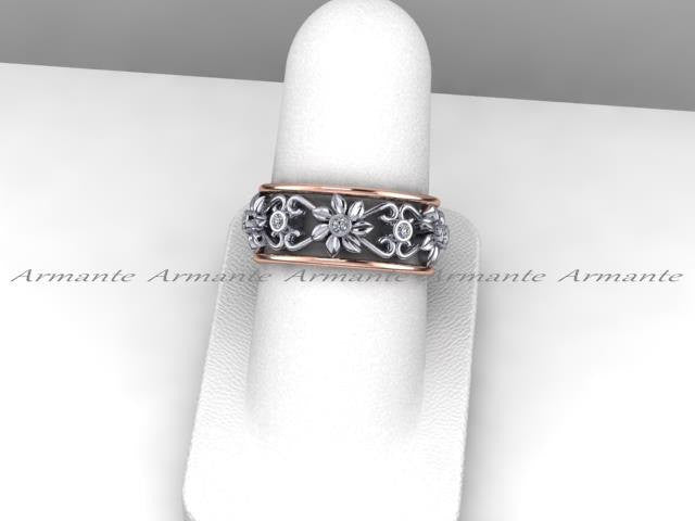 14K Rose & White Gold Floral Diamond Wedding Band Ring