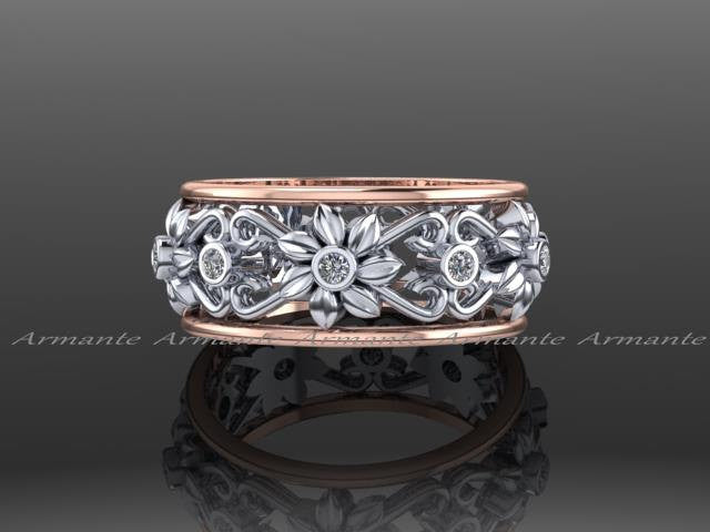 14K Rose & White Gold Floral Diamond Wedding Band Ring