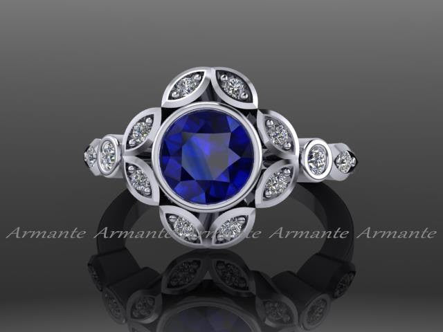 Leaf Flower Engagement Ring Diamond and Sapphire Bridal Ring