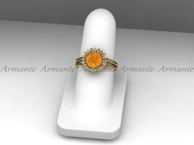 Citrine And Diamond Flower Ring, 14K Yellow Gold