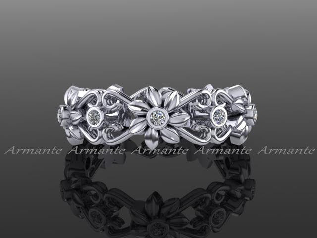 Floral Wedding Band, White Gold Diamond Wedding Ring Band