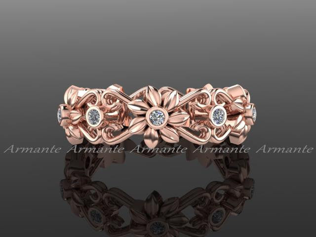 14K Rose Gold Floral Diamond Eternity Wedding Band Ring