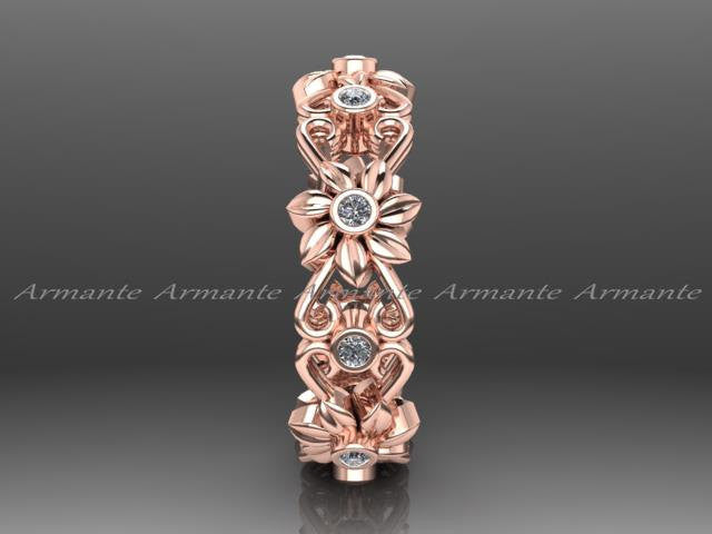 14K Rose Gold Floral Diamond Eternity Wedding Band Ring