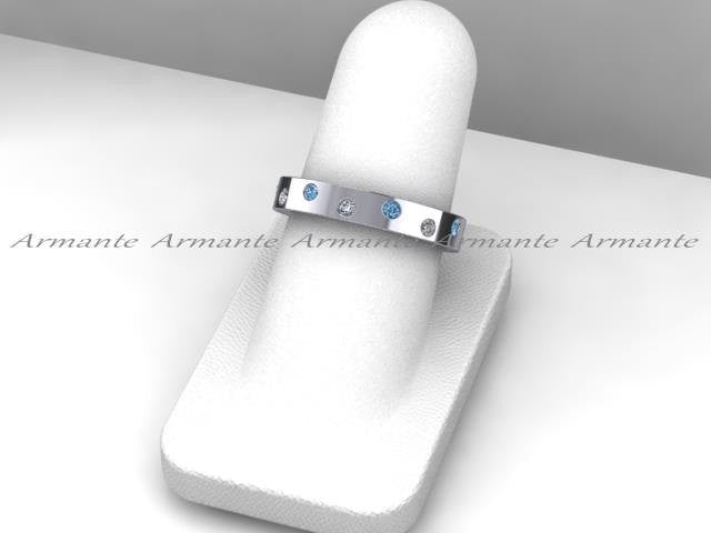 Blue and White Diamond Wedding Eternity Band, 14K White Gold