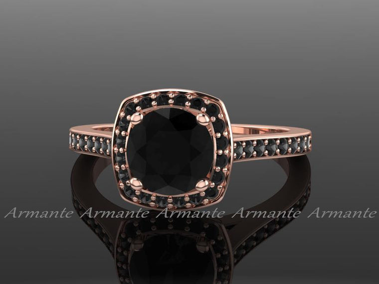 Unique Black Wedding Diamond Ring, Rose Gold Filigree Ring