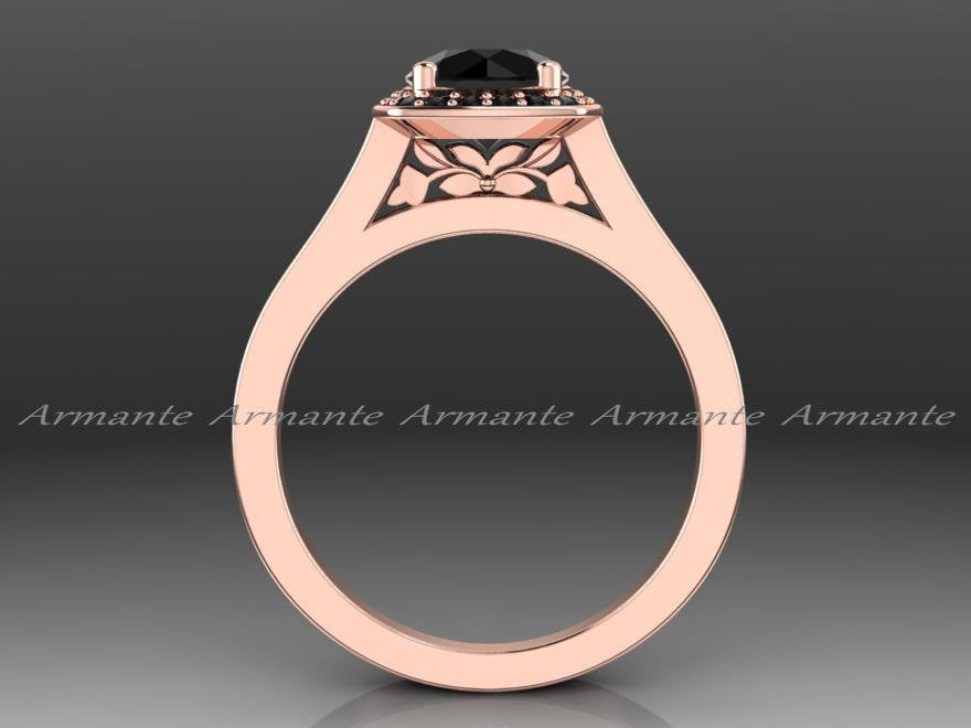 Unique Black Wedding Diamond Ring, Rose Gold Filigree Ring