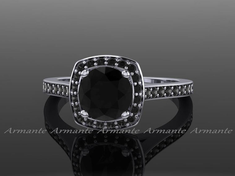 Halo Black Diamond Engagement Ring, 14K White Gold