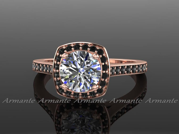 Moissanite and Black Diamond Ring, 14K Rose Gold