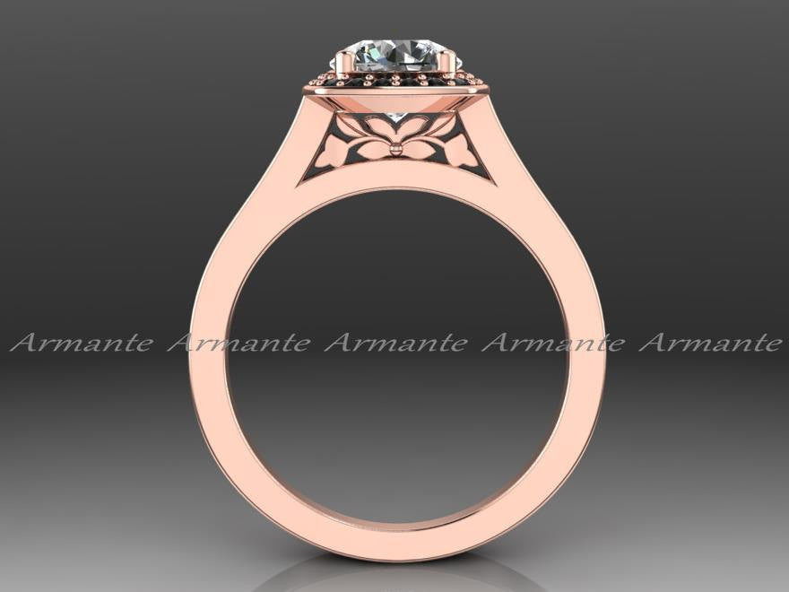 Moissanite and Black Diamond Ring, 14K Rose Gold