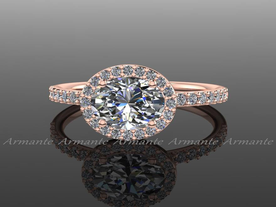 Unique 14K Rose Gold Oval Moissanite Engagement Ring