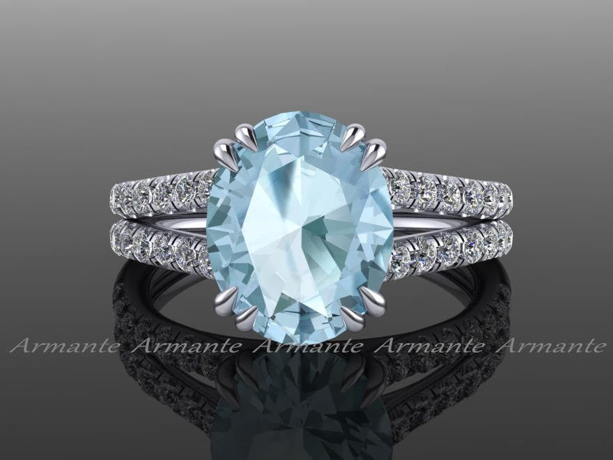 Oval Cut Aquamarine and Diamond Engagement Ring